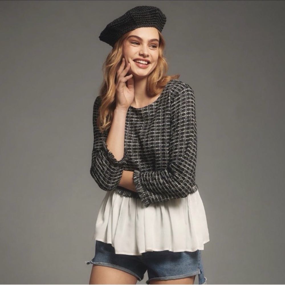 Anthropologie Black White Textured Peplum Top XS Ruffle Hem 3/4 Sleeve